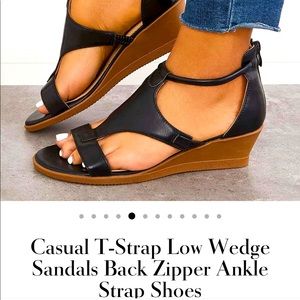 Casual T-Strap Low Wedge Sandals Back Zipper Ankle Strap Shoes